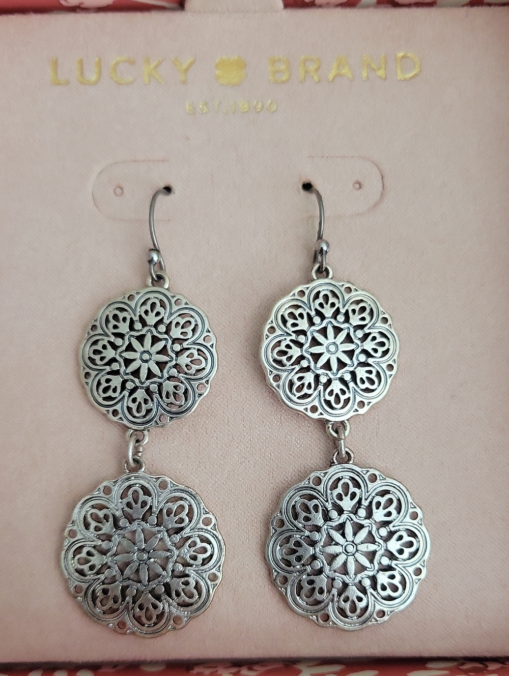 Lucky Brand Silver-Tone Filigree Floral Double-Drop Medallion Earrings